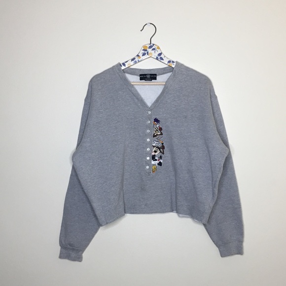 Vintage Sweaters - RARE Vintage ‘95 Looney Tunes Gray Cropped Sweater